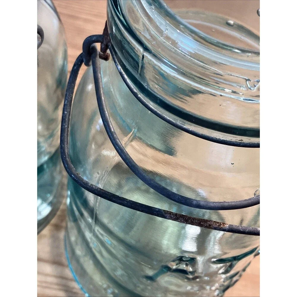 Pair of Vintage QT Atlas E-Z Seal Aqua Glass Canning Jars/Wire Bail